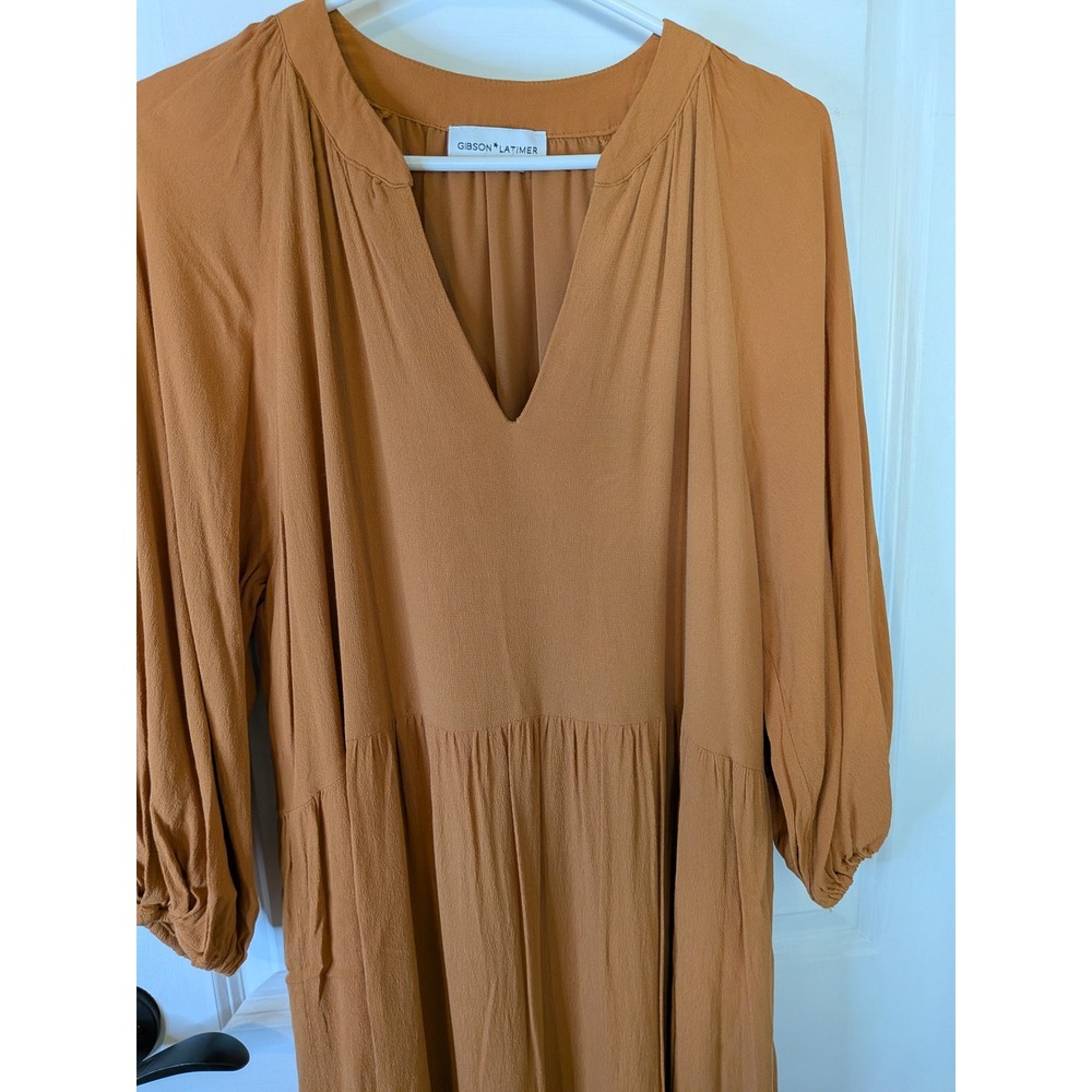 Gibson Latimer Rust Orange‎ Tiered Midi Dress V-Neck Long Puff Sleeve Boho Lined - Picture 2 of 5